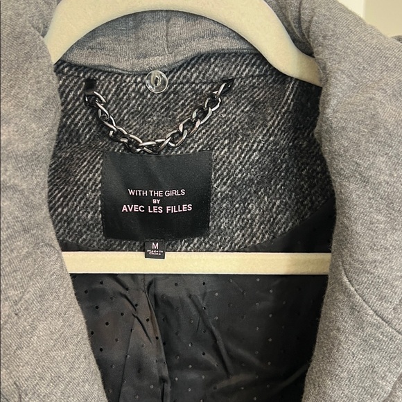 Avec Les Filles grey Wool Blend Herringbone Maxi Coat Detachable Hoodie medium - Picture 3 of 5